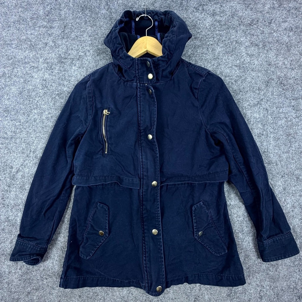Mid Length Jacket Womens Small Navy Blue Hooded Full Zip Outdoors Cinch Waist
